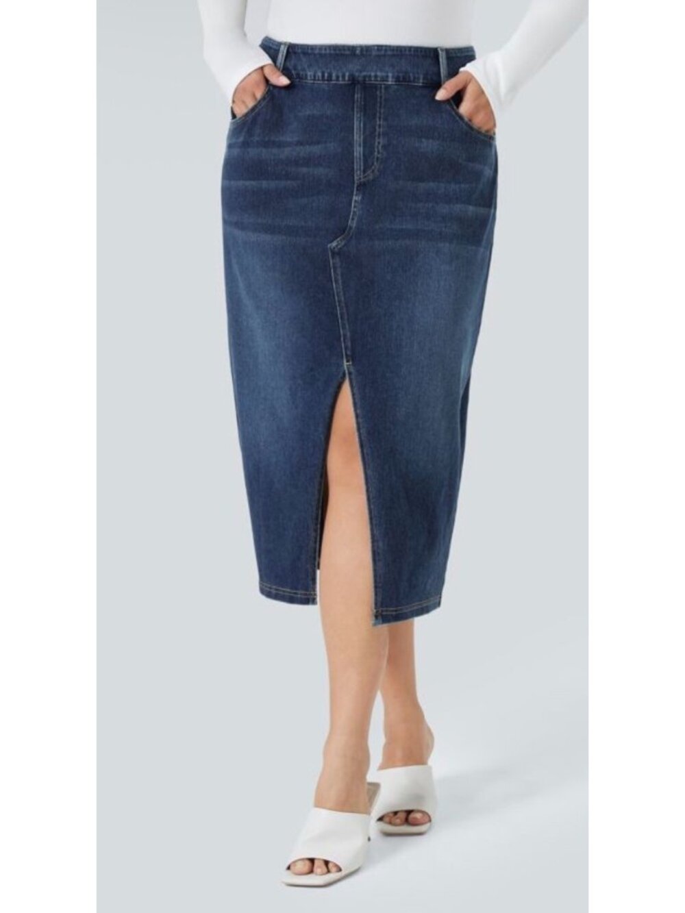 Halara skirt - Denim Midi Skirt With Front Slit Elastic Waist And Pockets By Hal